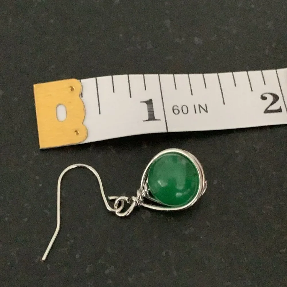 Green Round Gemstone  Earrings, Faux Jade or Aventurine in Silver Tone